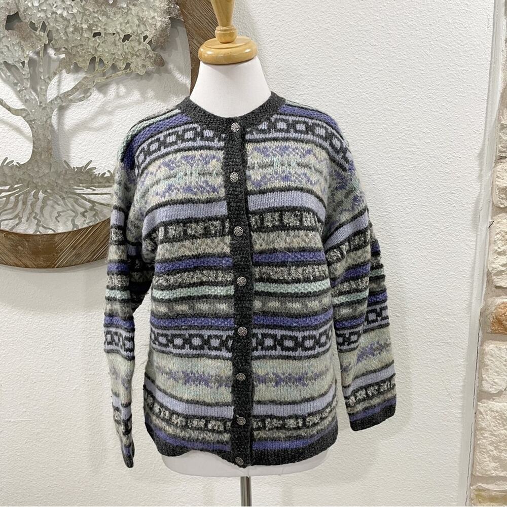 Signatures Northern Isles Fair Isle Stripe Handknit Wool Cardigan Sweater Med